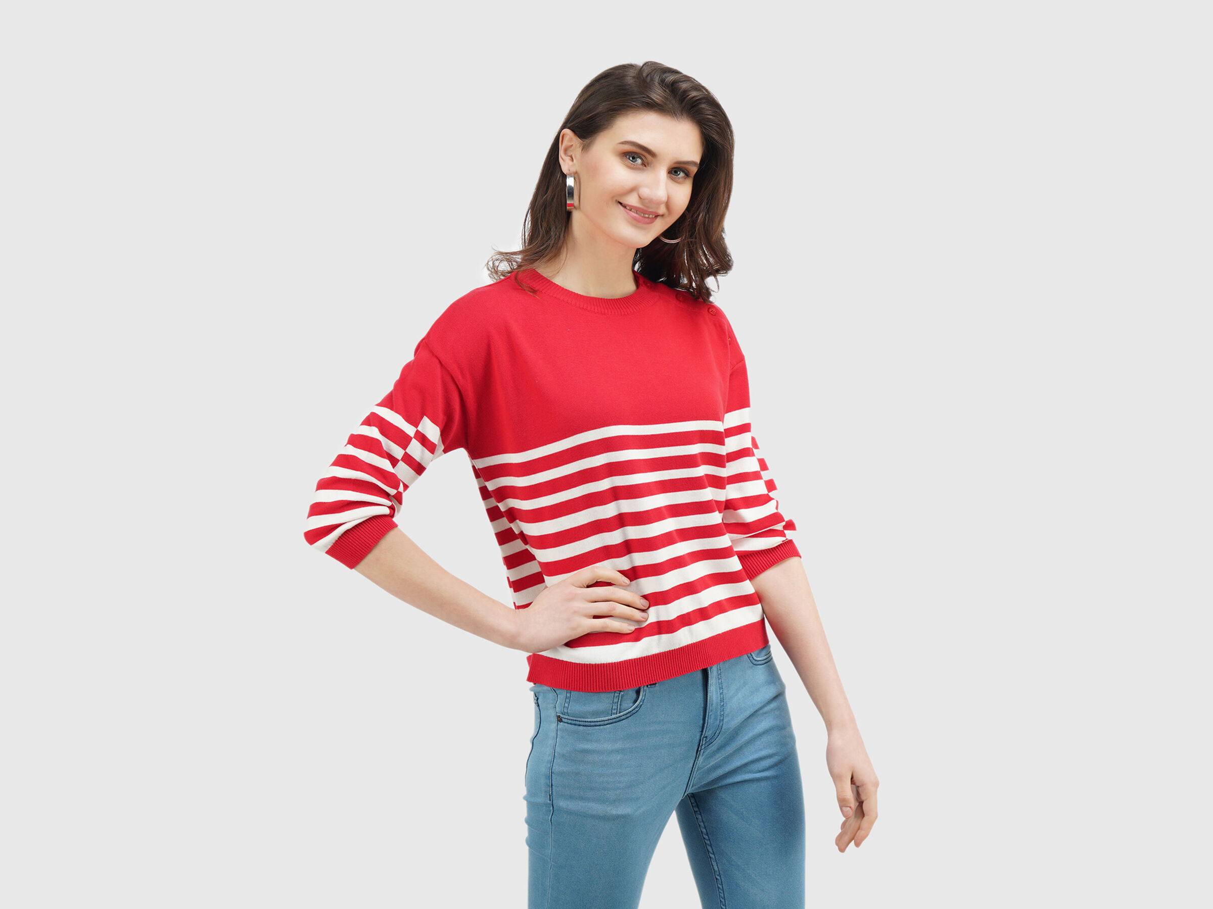Full Sleeve Stripe Button Shoulder Tricot Top image number 2